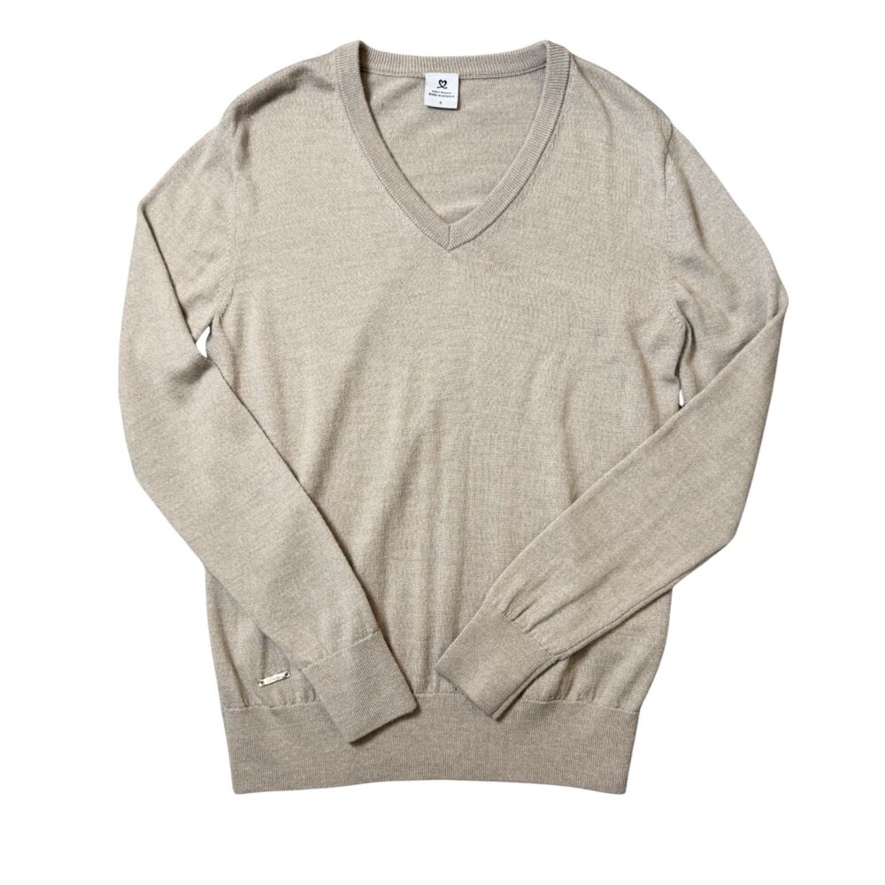 Daily Sports Sweden 100% Merino Wool Tan V Neck Pullover Knit Sweater Size S